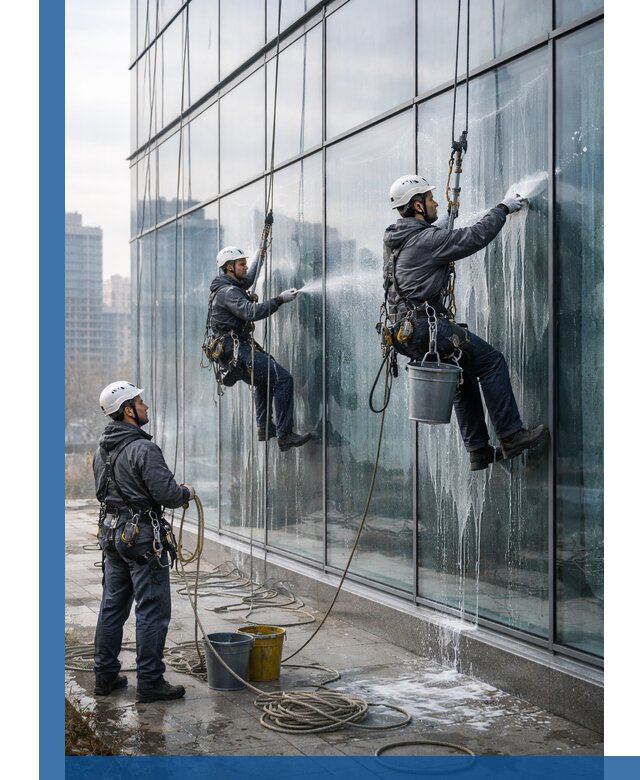 Промышленная мойка панорамных окон на высоте в Боре