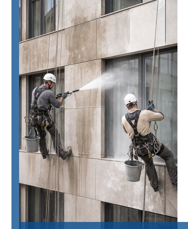 Послестроительная мойка фасада промышленным альпинизмом в Боре