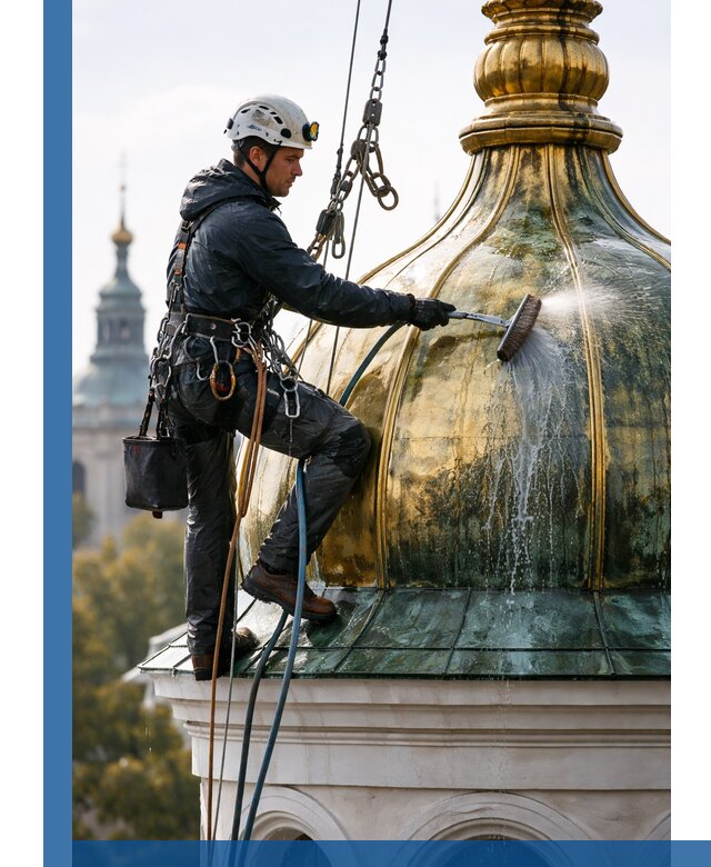 Профессиональная мойка куполов и шпилей высотными альпинистами в Боре