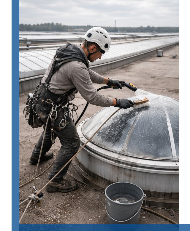 Мойка зенитных фонарей на кровле для промышленных объектов в Боре