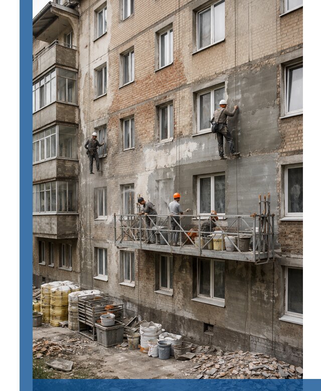 Капитальный ремонт фасада в Боре с восстановлением и гидроизоляцией