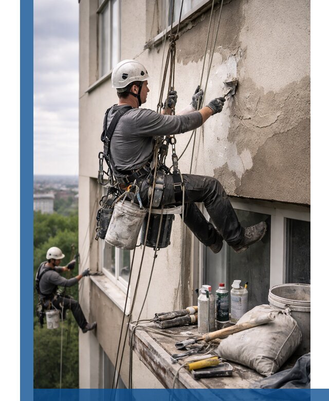 Косметический ремонт фасада зданий в Боре промышленными альпинистами