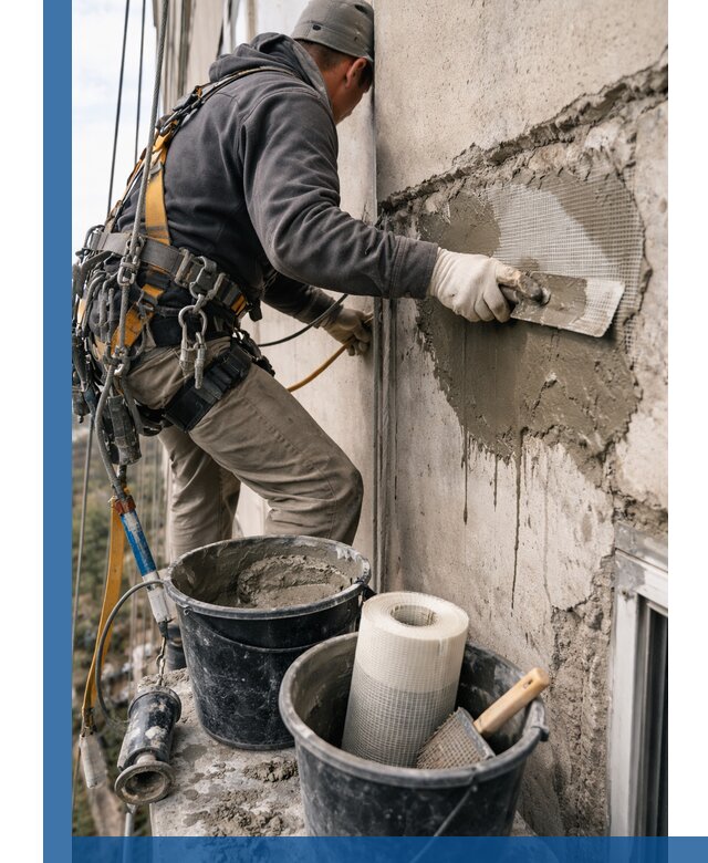 Ремонт бетонных элементов фасада промышленными альпинистами в Боре