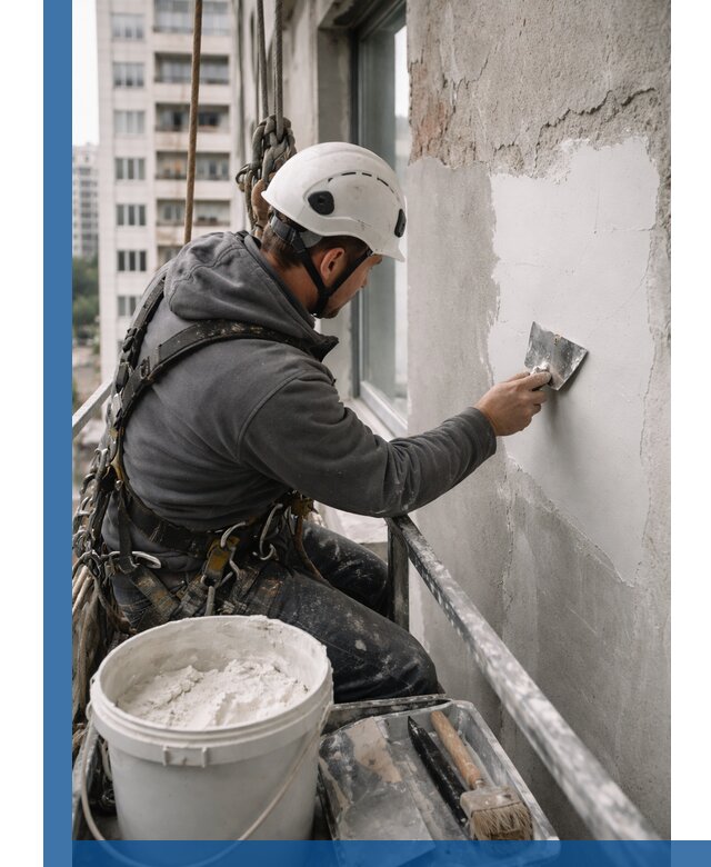 Шпаклевка фасадов на высоте с промальпинистами в Боре