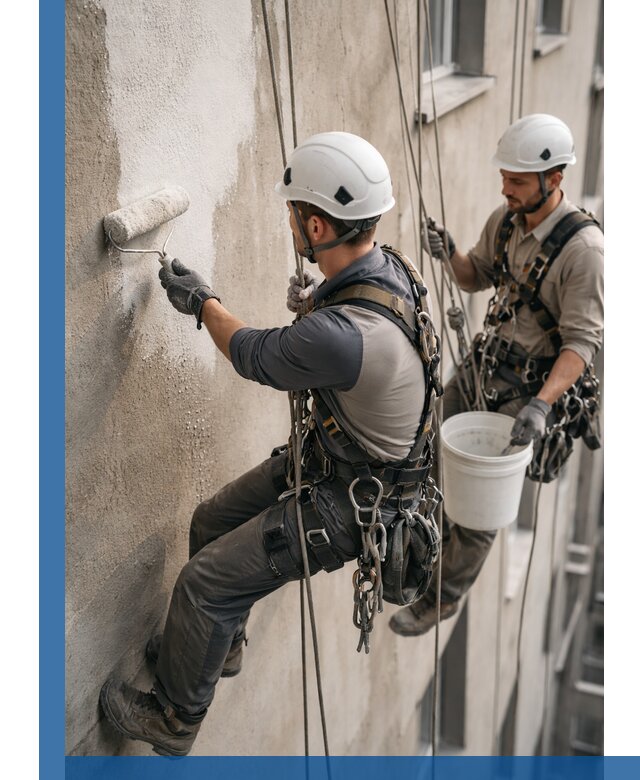 Грунтовка фасада на высоте в Боре промышленными альпинистами