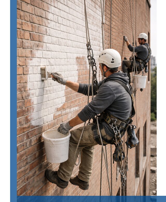 Покраска кирпичного фасада с доступным альпинистским сервисом в Боре