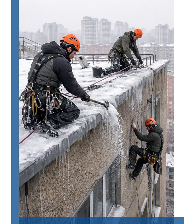 Удаление наледи с кровли в Боре промышленными альпинистами