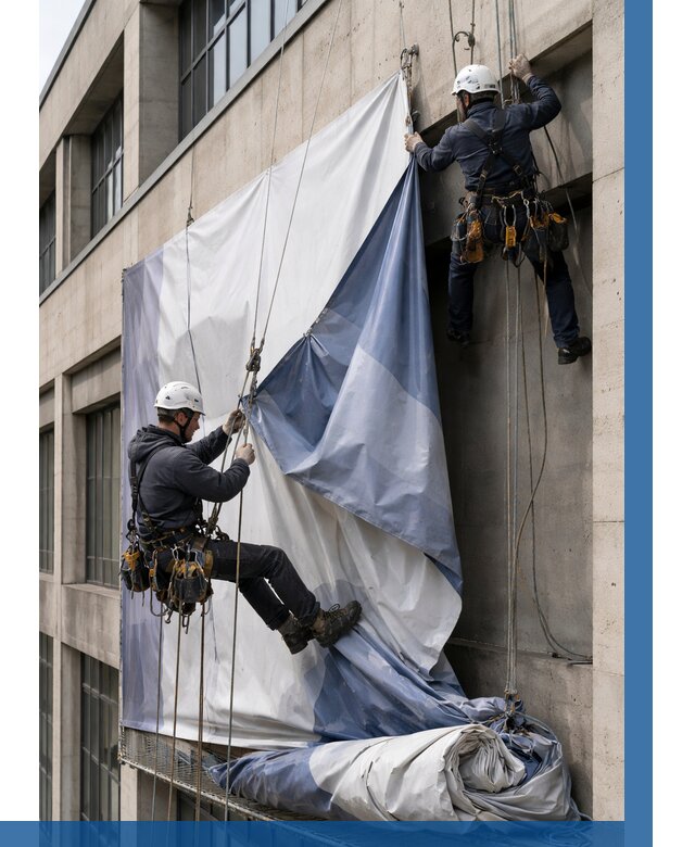 Демонтаж баннеров с фасада в Боре от 4676 р. | ВЫСОТНИК-Бор