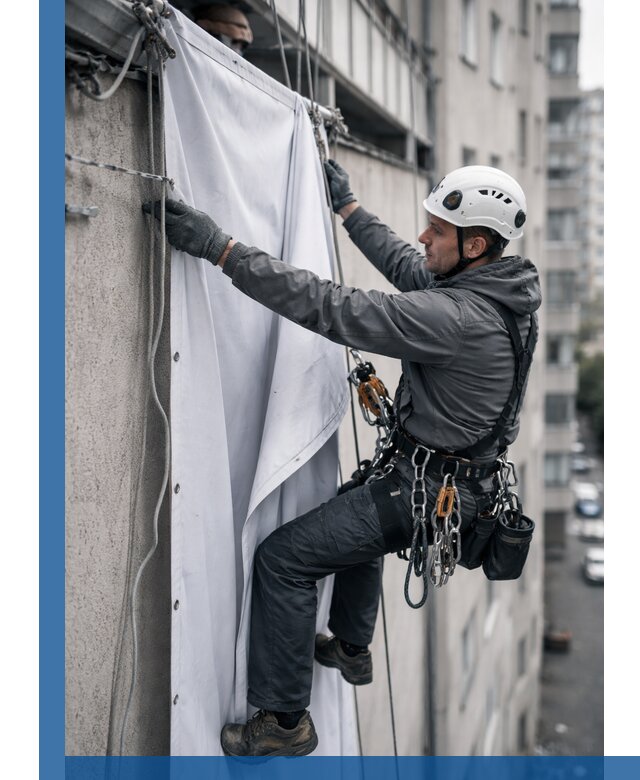 Замена баннерного полотна промышленными альпинистами в Боре