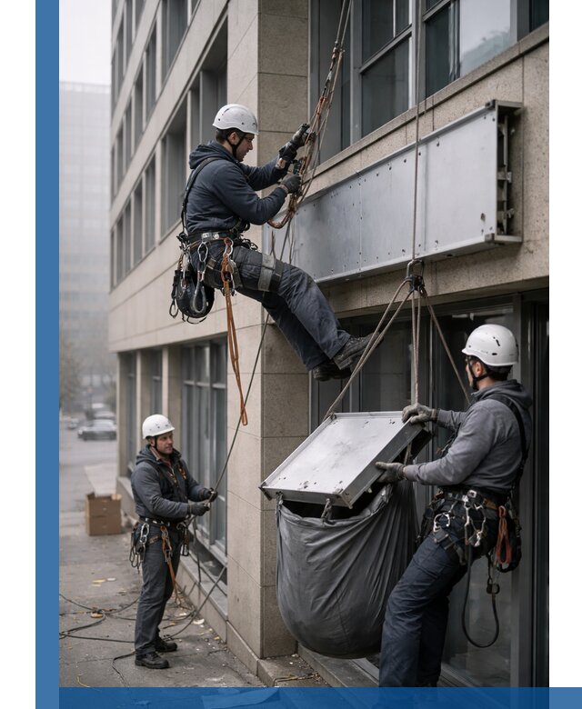 Демонтаж рекламной вывески с высотными работами в Боре