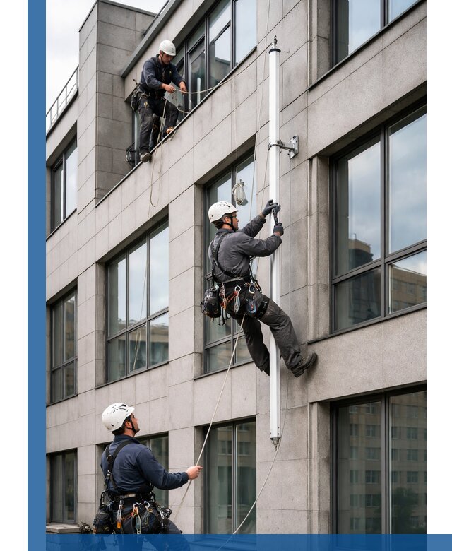 Монтаж флагштока на фасаде здания с креплением и герметикой в Боре
