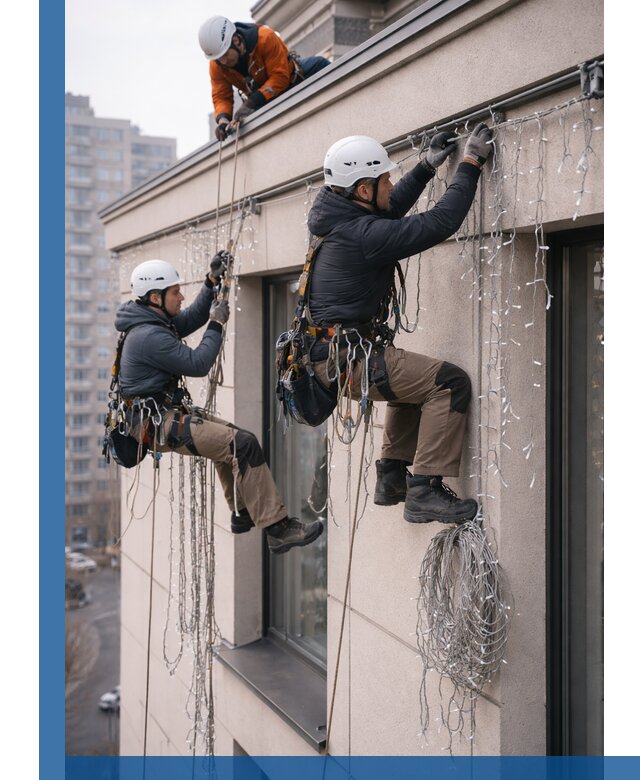 Монтаж праздничных гирлянд на фасаде в Боре для зданий