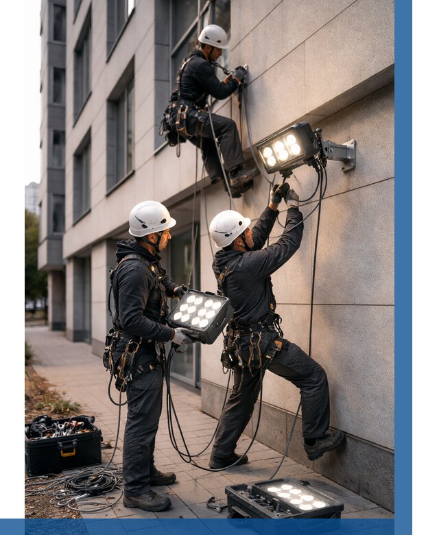 Монтаж прожекторов на фасаде в Боре от 7793 р. | ВЫСОТНИК-Бор