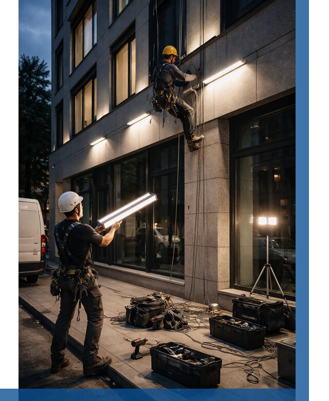 Монтаж архитектурной подсветки здания в Боре от 2598 р.|ВЫСОТНИК-Бор