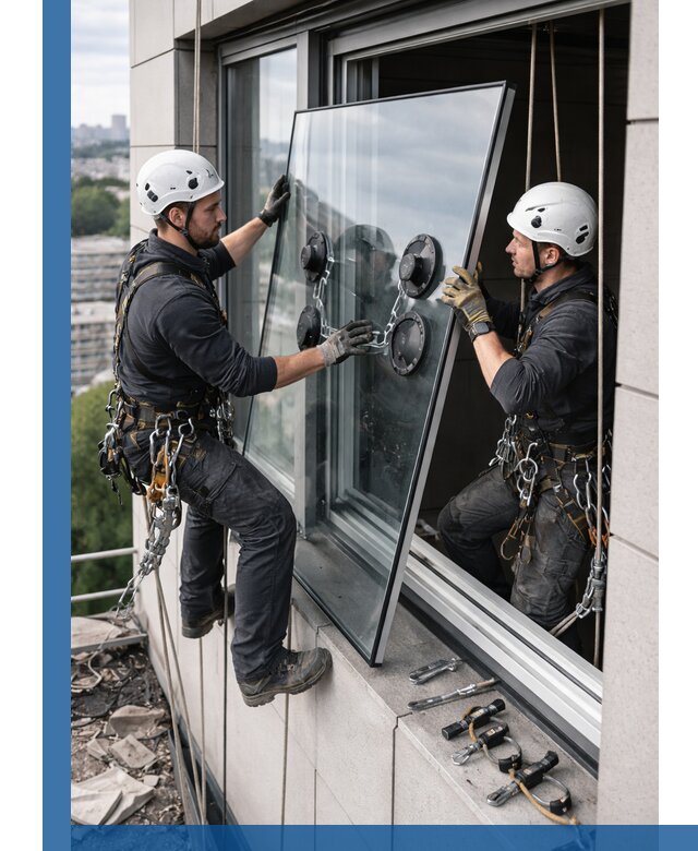 Замена стеклопакетов на высоте с промышленными альпинистами в Боре