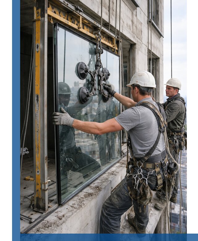 Монтаж стеклопакетов на высоте в Боре с промышленным альпинизмом