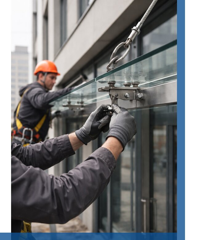 Монтаж стеклянных козырьков в Боре от 8832 р. | ВЫСОТНИК-Бор