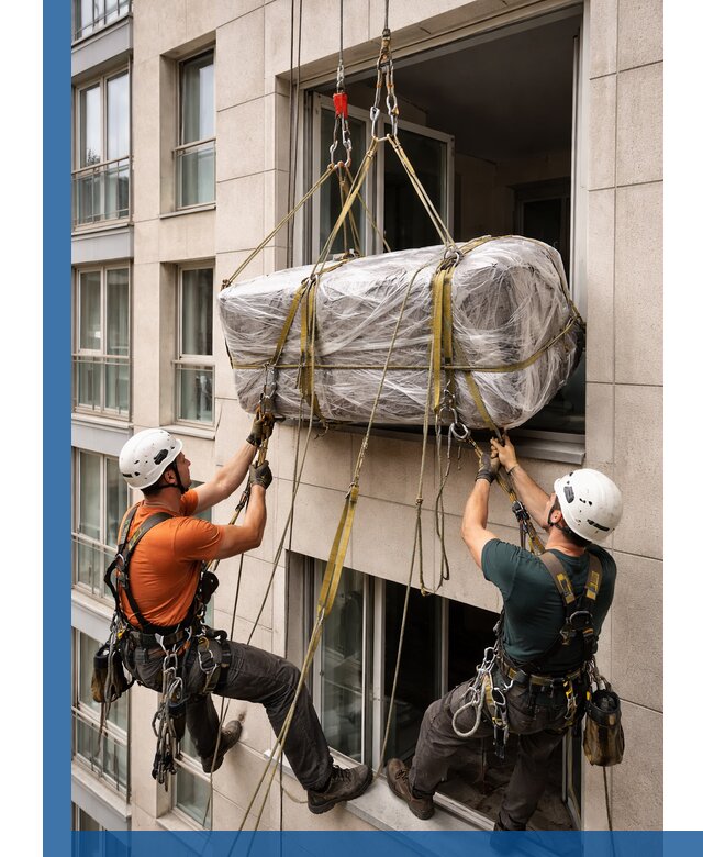 Подъем грузов через окно в Боре промышленными альпинистами