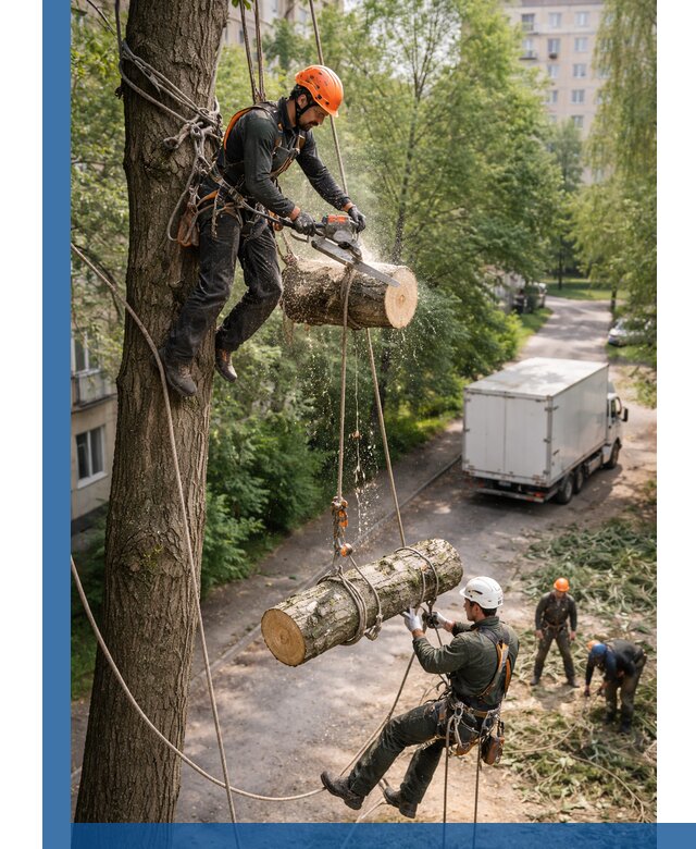 Спил деревьев альпинистами в Боре, безопасно и без повреждений