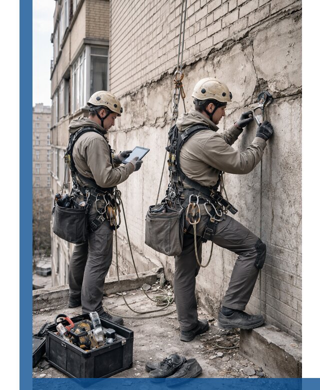 Обследование фасада промышленными альпинистами в Боре